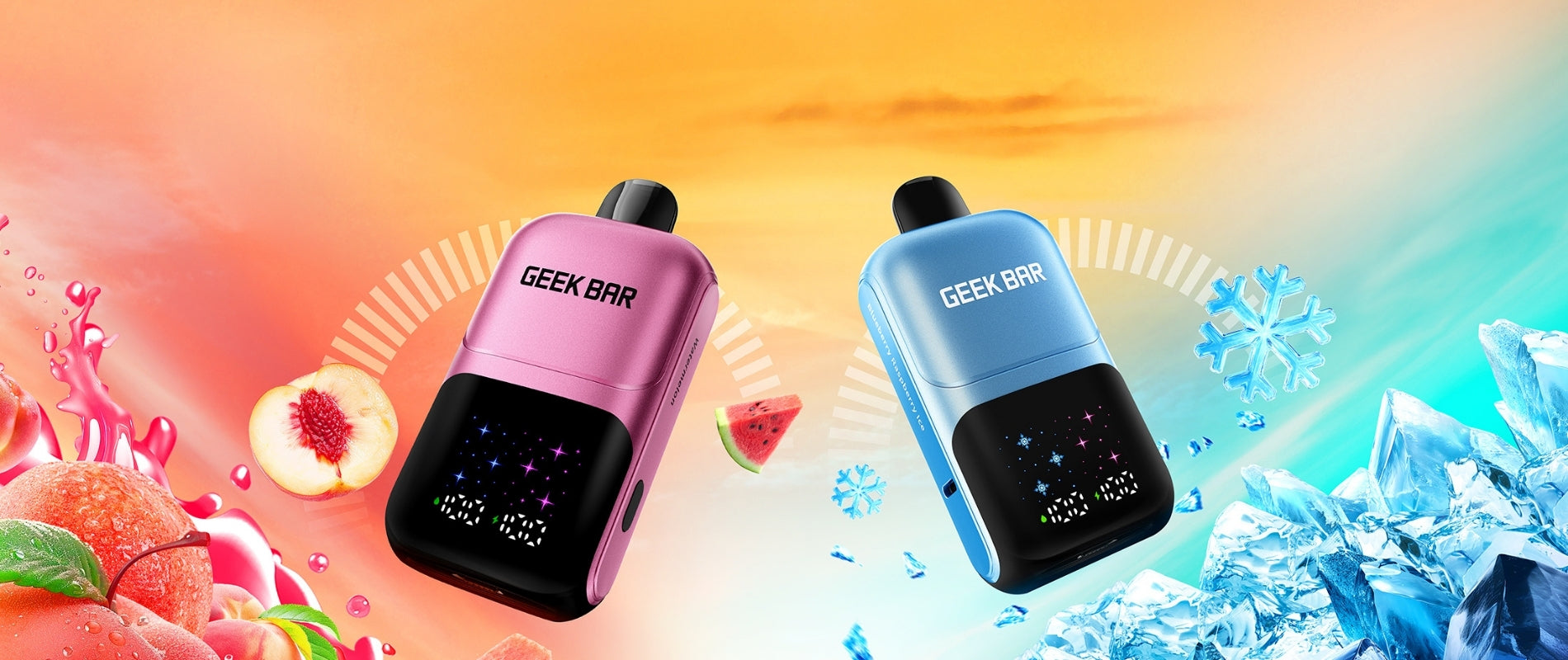Two Geek Bar vape devices on a colorful background with fruit and ice elements.